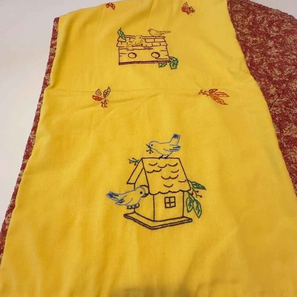 Vintage Style Yellow Birdhouse Embroidered Table Runner Reversible Red 48x15